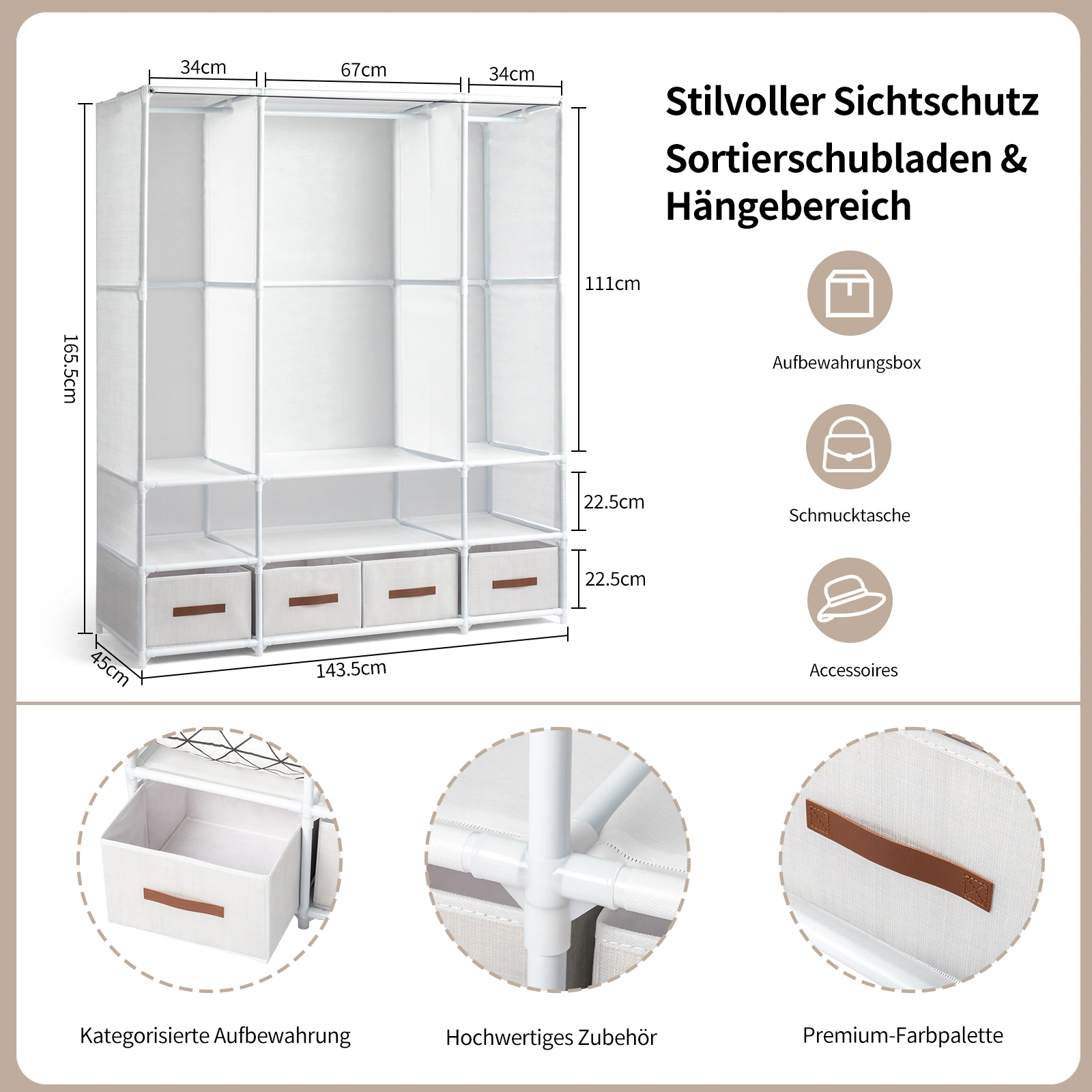 3-Tier Hanging Wardrobe with Storage Boxes & Curtain, Non-Woven Fabric Portable Closet 144x45x166.5cm, White view 3