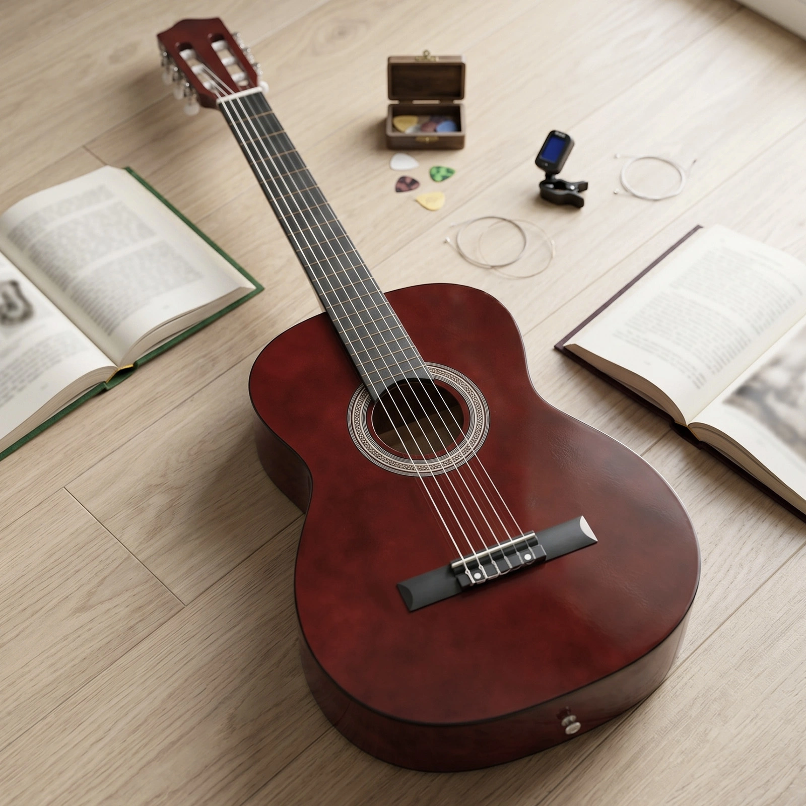 39 Inch Round Barrel Basswood Classical Folk Guitar (Coffee)including gig bag, spare strings, picks, capo, tuner, and strap. view 13