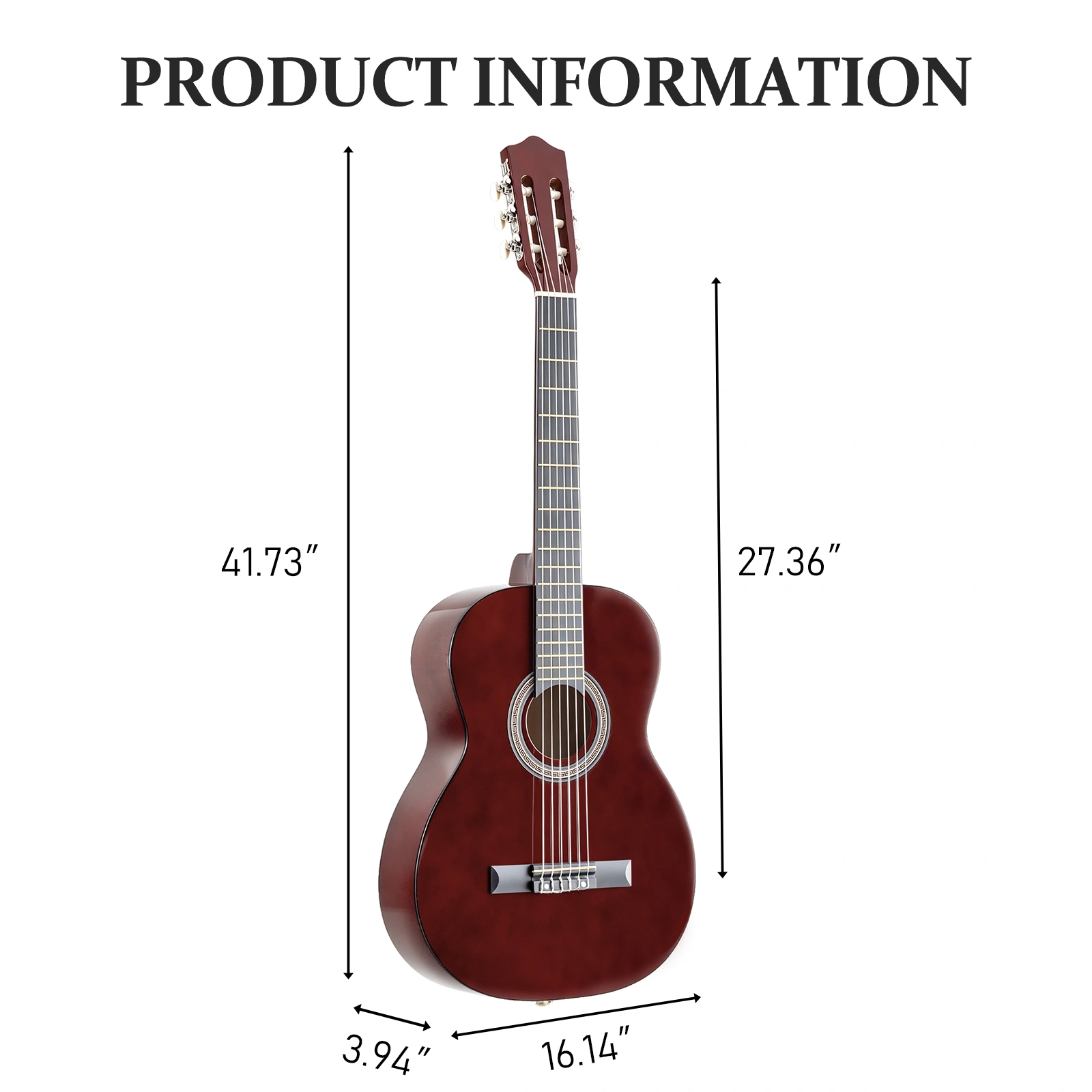 39 Inch Round Barrel Basswood Classical Folk Guitar (Coffee)including gig bag, spare strings, picks, capo, tuner, and strap. view 2