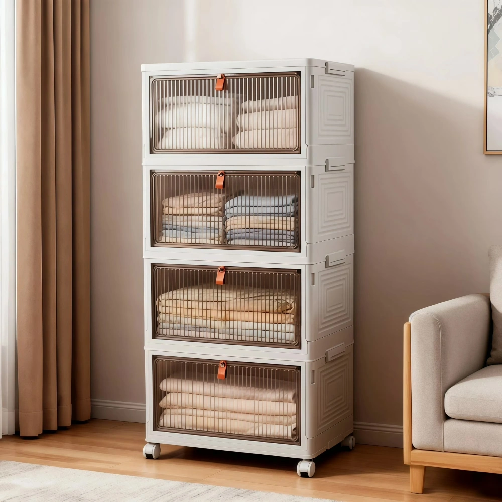 92 Qt Stackable Storage Bins with Lids and Wheels, 4 Tier Folding Storage Box with Doors, Plastic Closet Organizers and Storage Containers for Living Room, Office, Dorm (Shipment from Walmart)