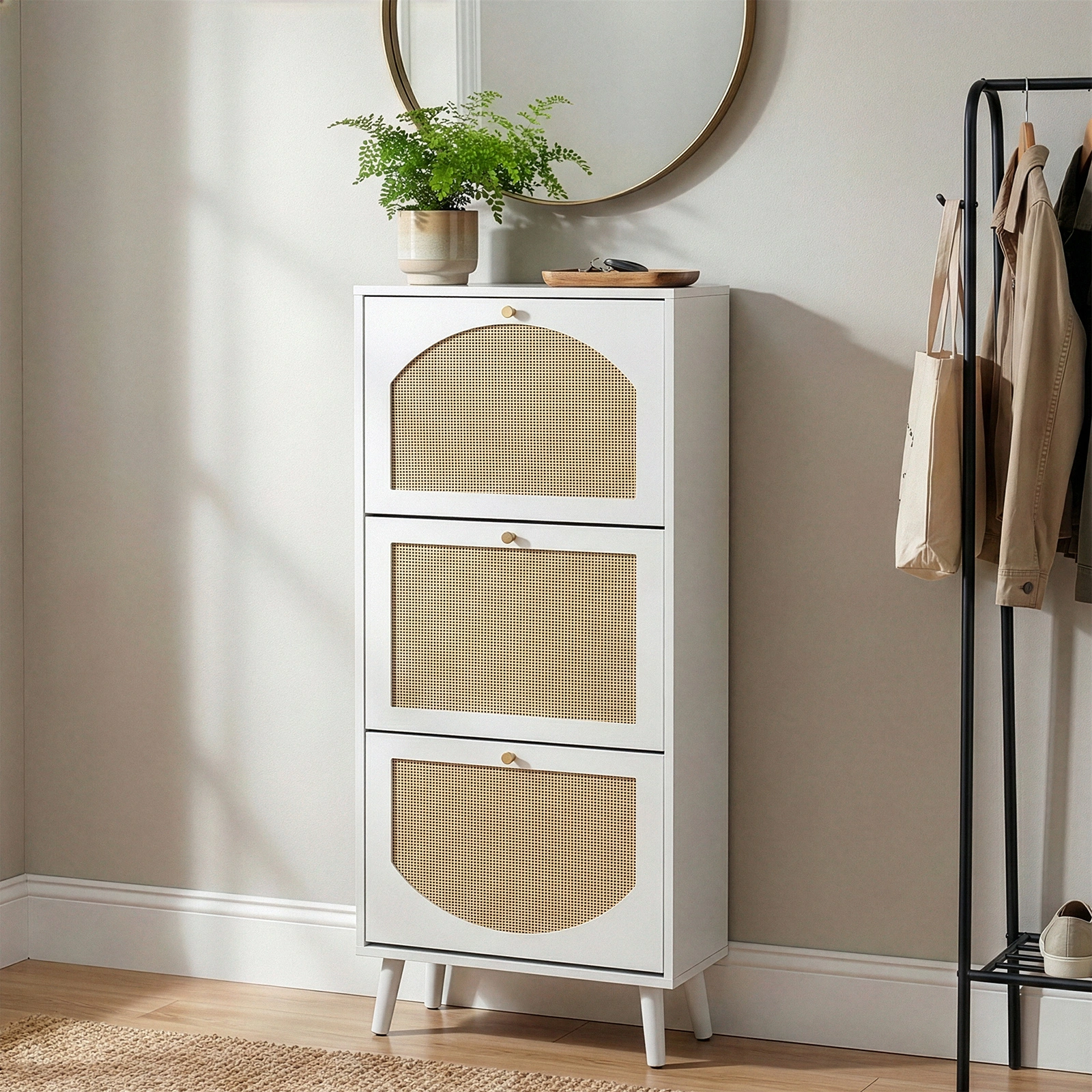 Rattan-fronted 3-tier shoe cabinet, particleboard, 54*24*135 cm, white