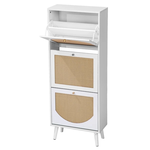 Rattan-fronted 3-tier shoe cabinet, particleboard, 54*24*135 cm, white view 2