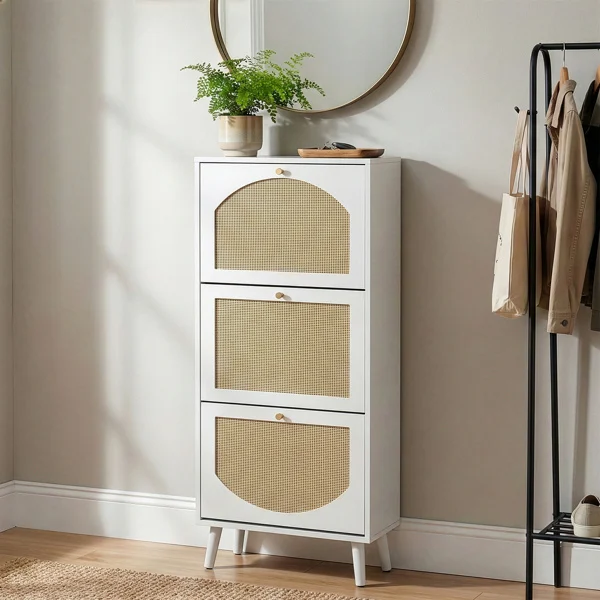 Rattan-fronted 3-tier shoe cabinet, particleboard, 54*24*135 cm, white
