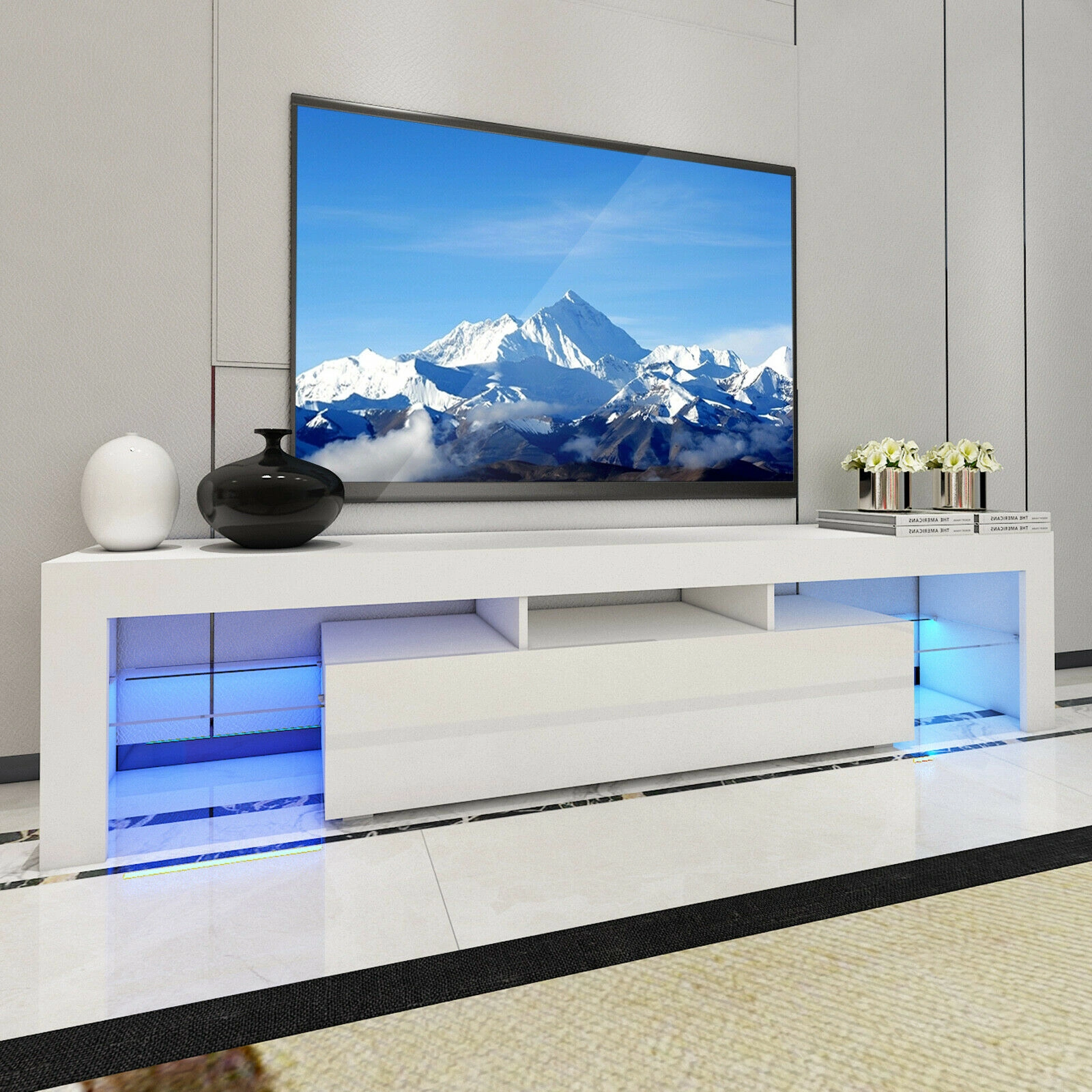 Modern 200cm LED TV Stand Cabinet Unit with High Gloss Door - White Entertainment Center view 3