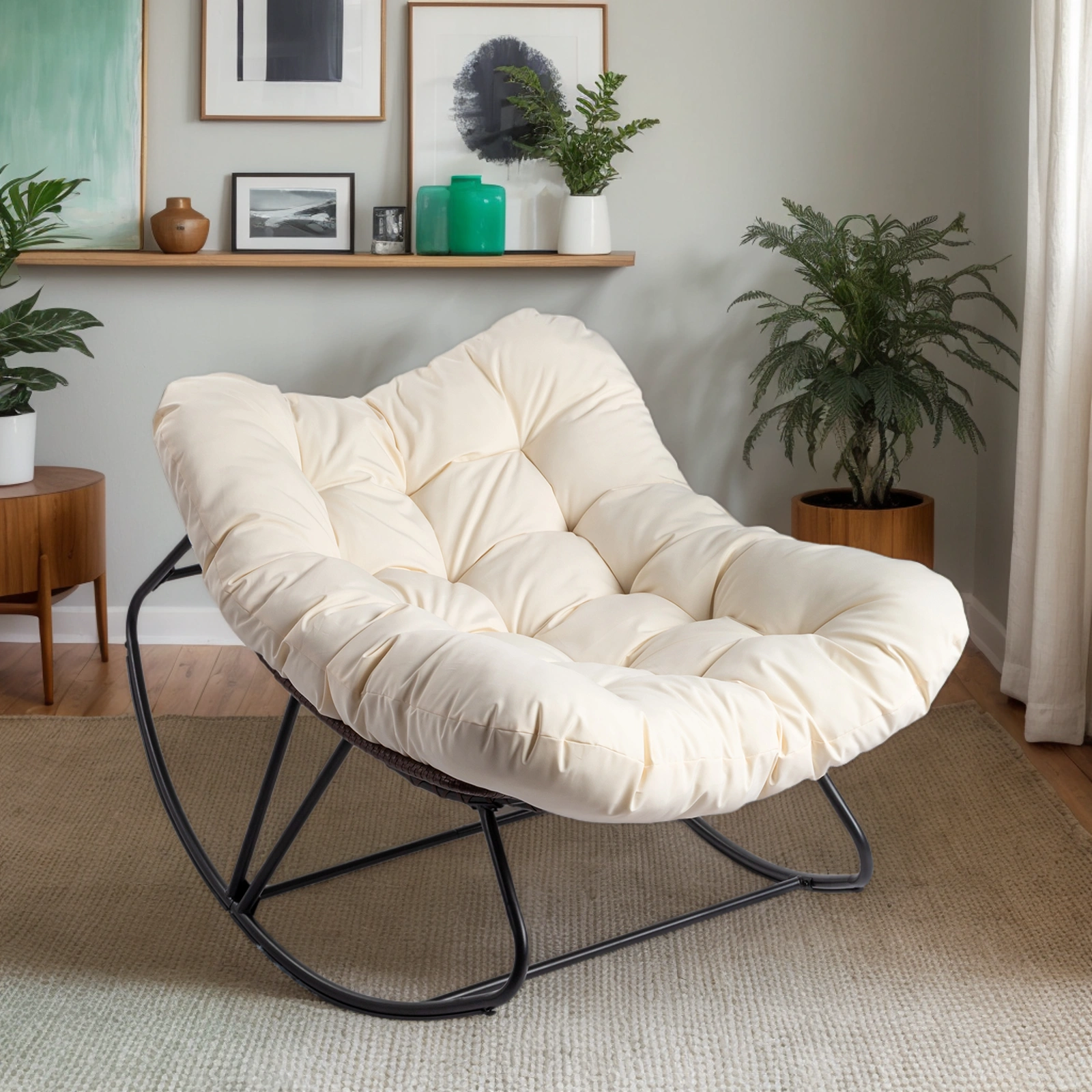 Oversized Beige Outdoor Rocking Chair, Patio Papasan Egg Rocker, Comfy Lounge Chair for Indoor Living Room, Porch, Garden, Backyard view 11
