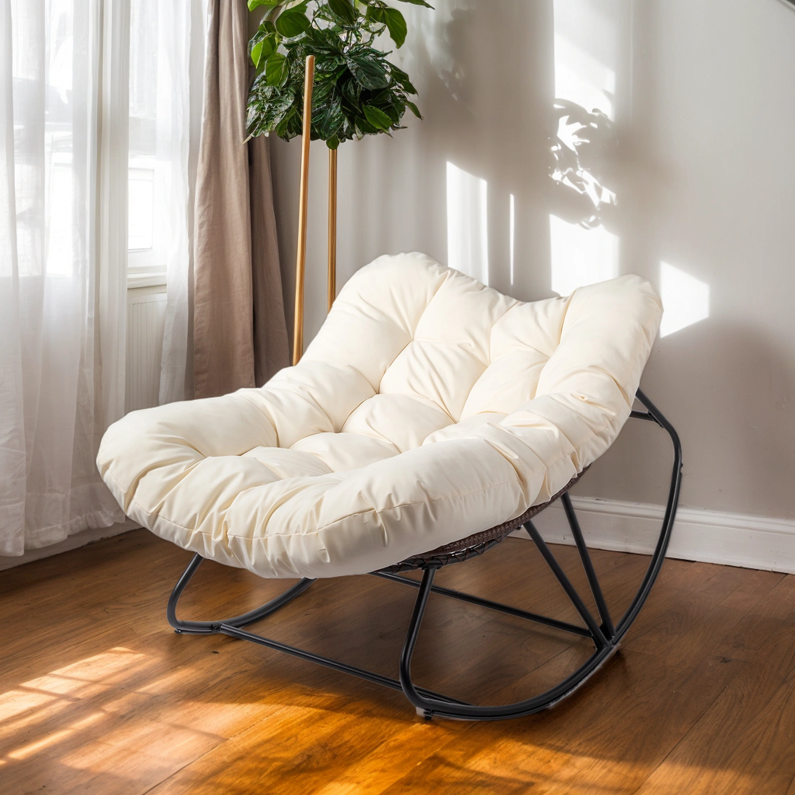 Oversized Beige Outdoor Rocking Chair, Patio Papasan Egg Rocker, Comfy Lounge Chair for Indoor Living Room, Porch, Garden, Backyard view 12