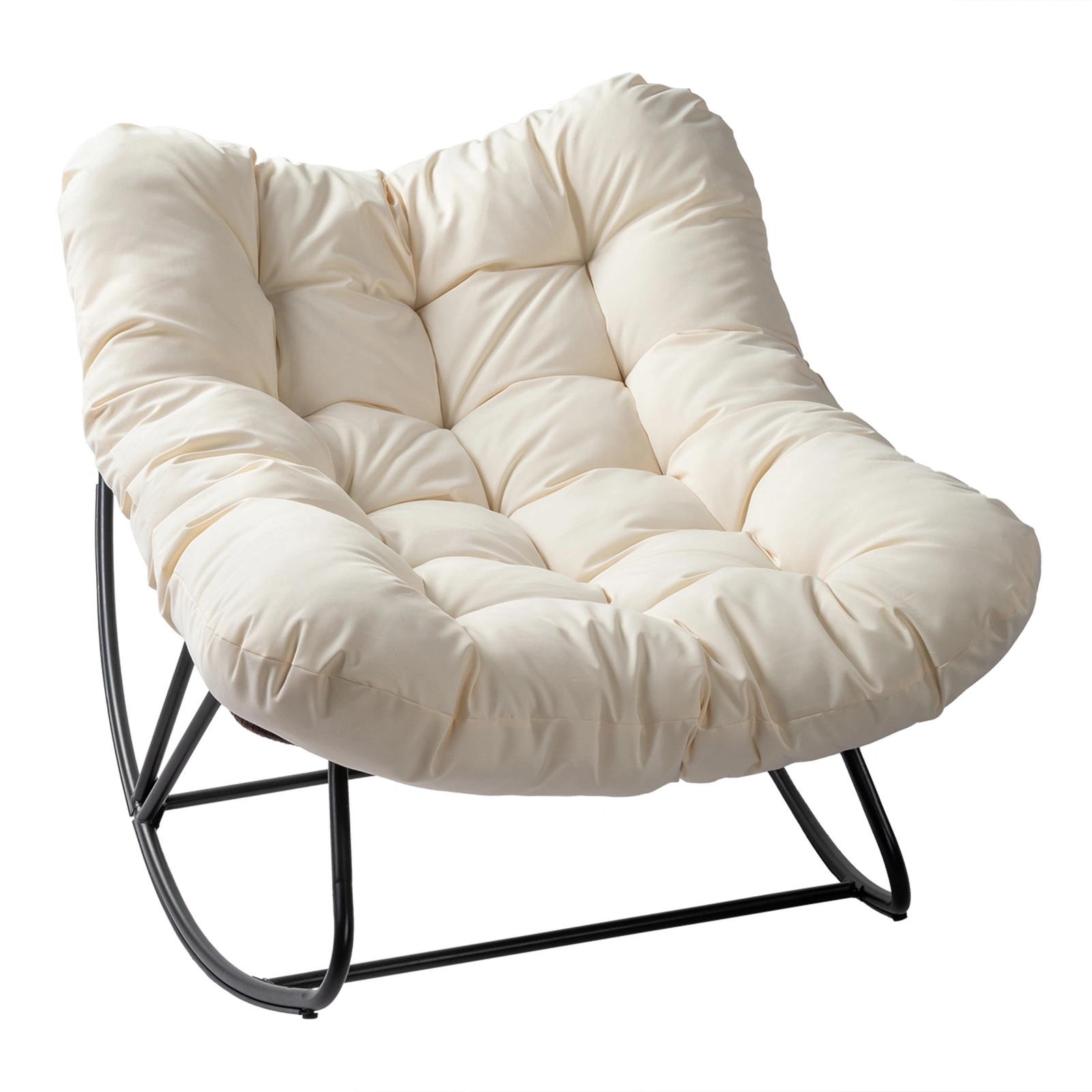 Oversized Beige Outdoor Rocking Chair, Patio Papasan Egg Rocker, Comfy Lounge Chair for Indoor Living Room, Porch, Garden, Backyard view 14