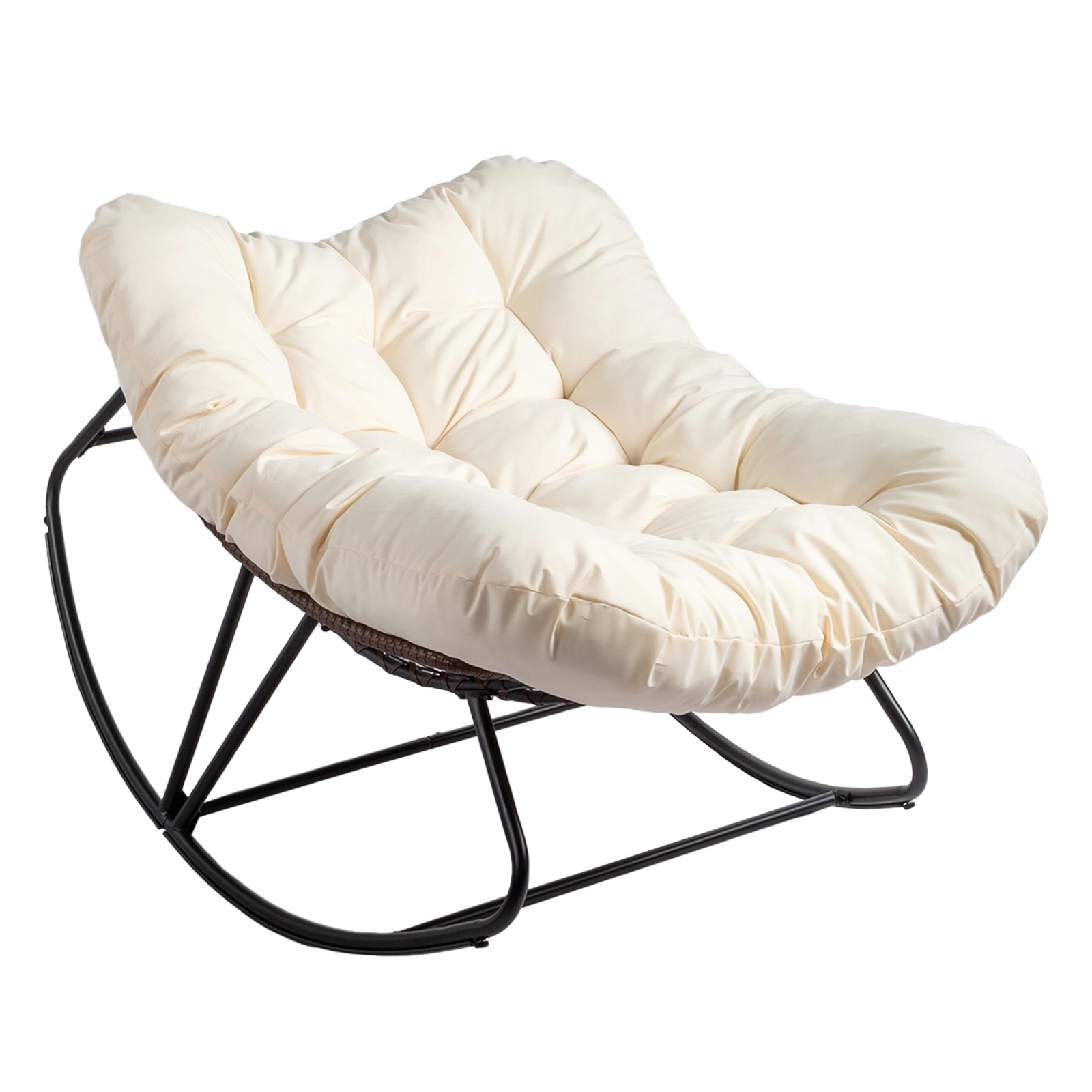 Oversized Beige Outdoor Rocking Chair, Patio Papasan Egg Rocker, Comfy Lounge Chair for Indoor Living Room, Porch, Garden, Backyard view 3