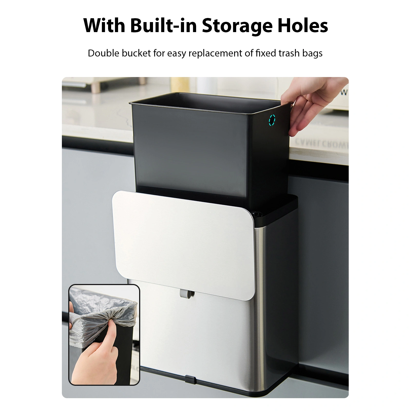 8L Stainless Steel Trash Can, Square Wall-Mounted Garbage Bin with Slide Lid for Kitchen, Home, Office & Bathroom