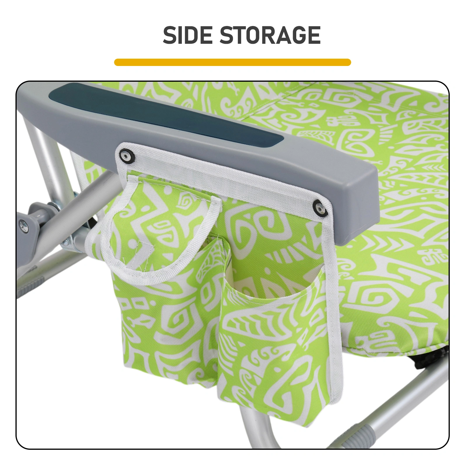 1 PCS Aluminum Beach Chair, 15 Inch Seat Height Yellow Tribal Pattern, 5-Position Adjustable Reclining Lounge Chair with Headrest, Shoulder Strap, 2-in-1 Fabric Cup Holder & Side Pocket, Back Cooler Bag, Integrated Oxford Fabric with Crossbar, 24.8x4 view 12
