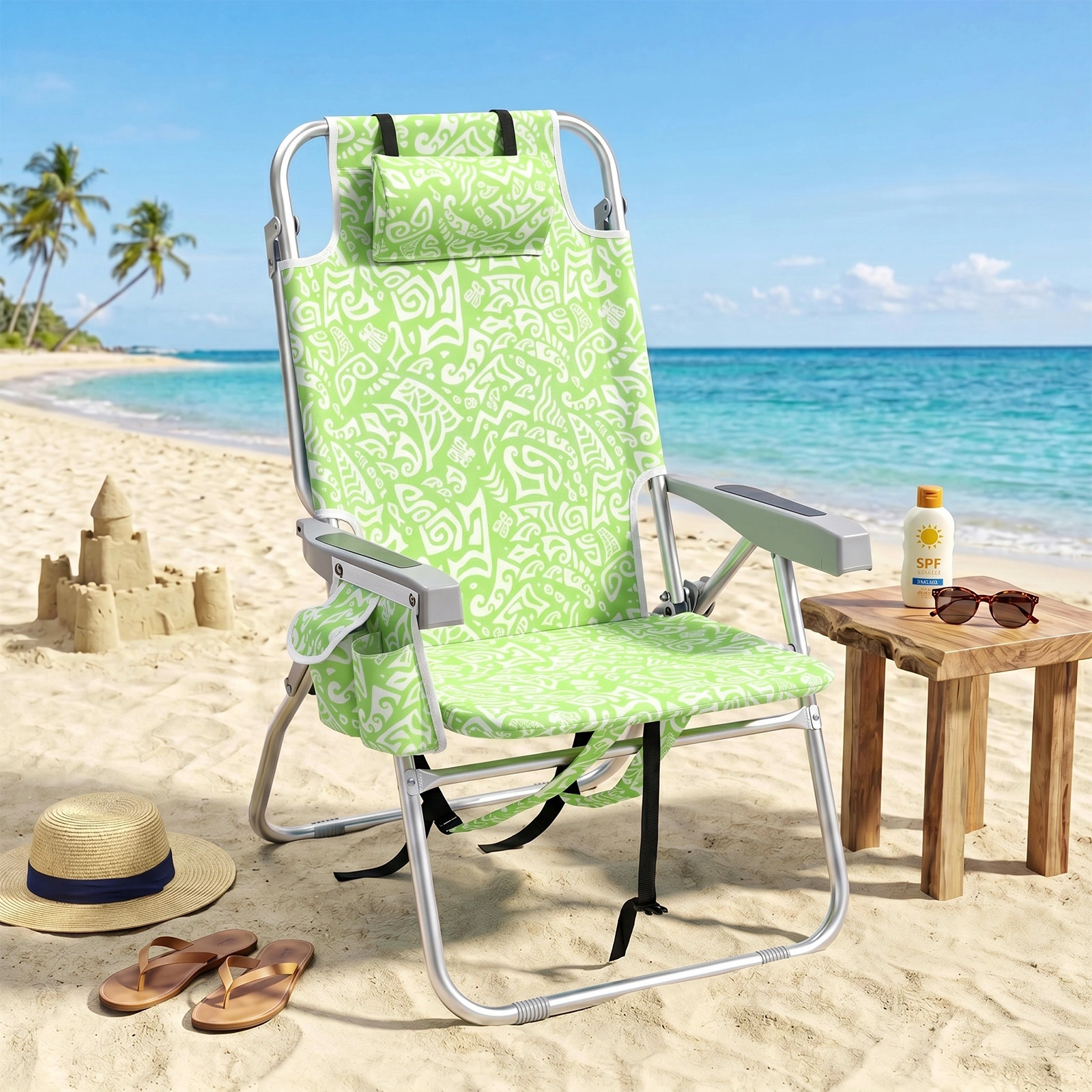 1 PCS Aluminum Beach Chair, 15 Inch Seat Height Yellow Tribal Pattern, 5-Position Adjustable Reclining Lounge Chair with Headrest, Shoulder Strap, 2-in-1 Fabric Cup Holder & Side Pocket, Back Cooler Bag, Integrated Oxford Fabric with Crossbar, 24.8x4 view 21