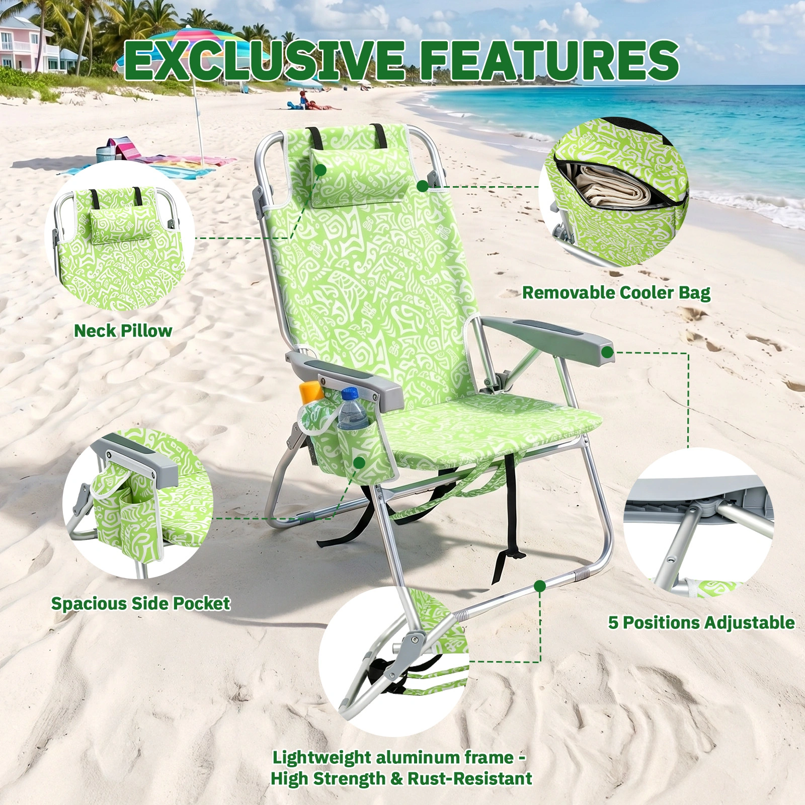 1 PCS Aluminum Beach Chair, 15 Inch Seat Height Yellow Tribal Pattern, 5-Position Adjustable Reclining Lounge Chair with Headrest, Shoulder Strap, 2-in-1 Fabric Cup Holder & Side Pocket, Back Cooler Bag, Integrated Oxford Fabric with Crossbar, 24.8x4 view 5