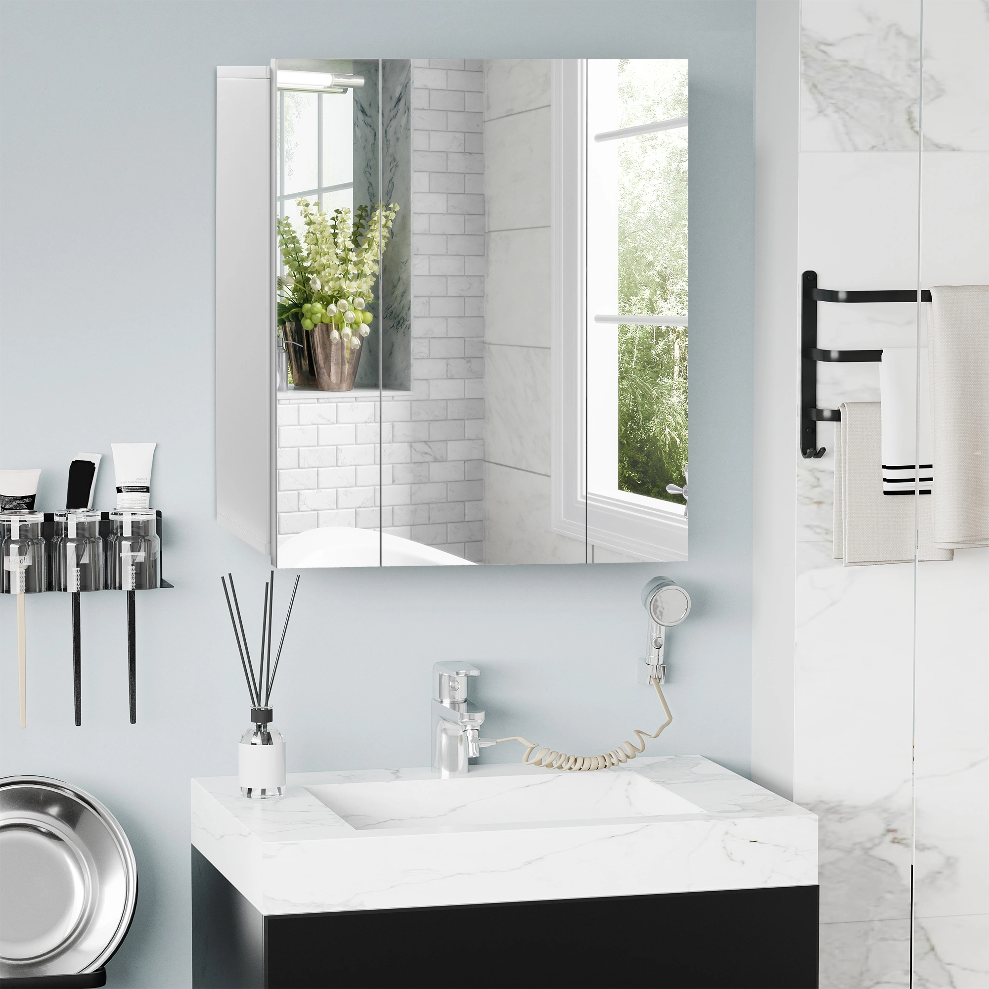 Modern Bathroom Storage Cabinet with Mirror, Wall-Mounted Vanity Organizer for Small Spaces, White Finish
