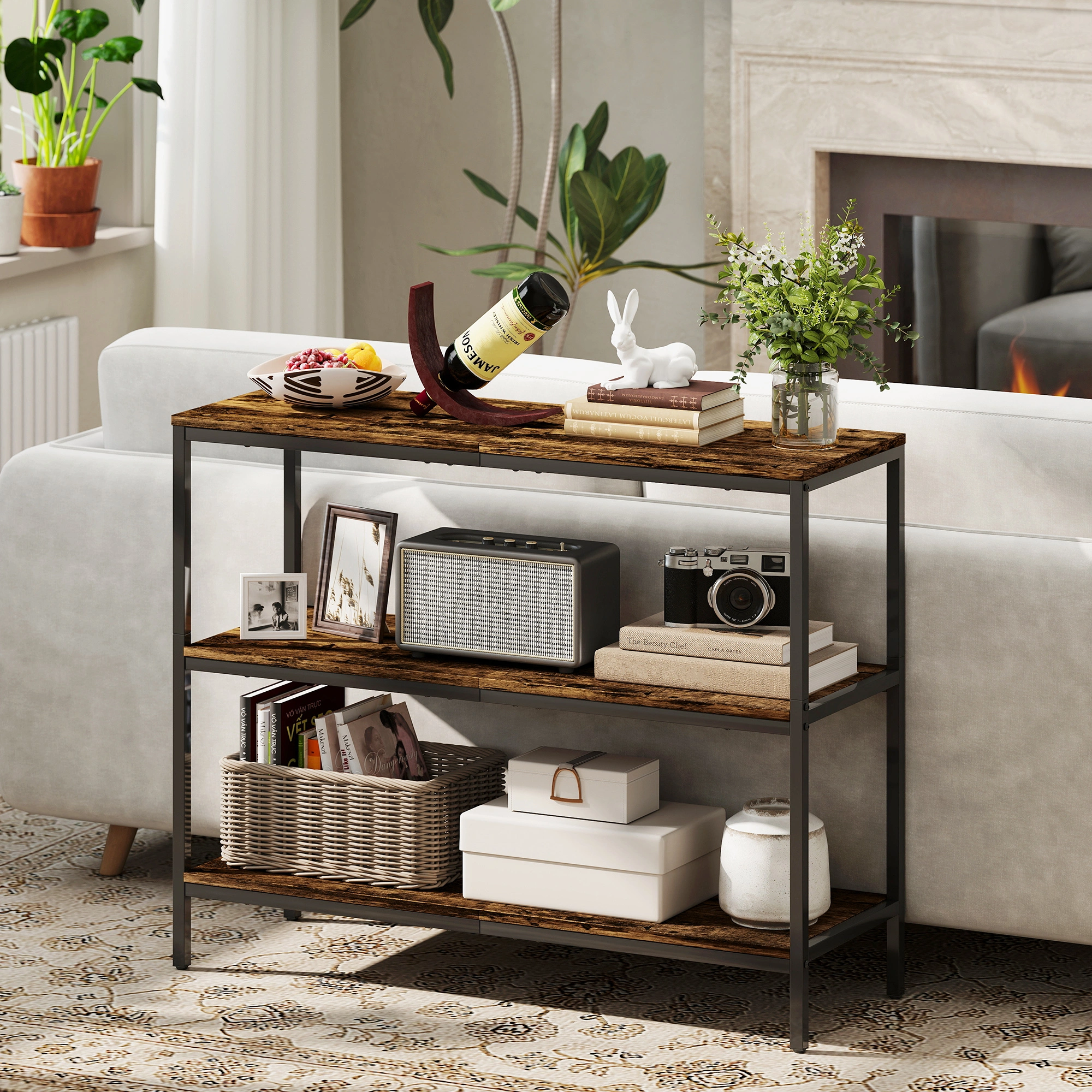 Long Console Table for Living Room, Slim Sofa Table with Storage Shelf, Entryway Hallway Table