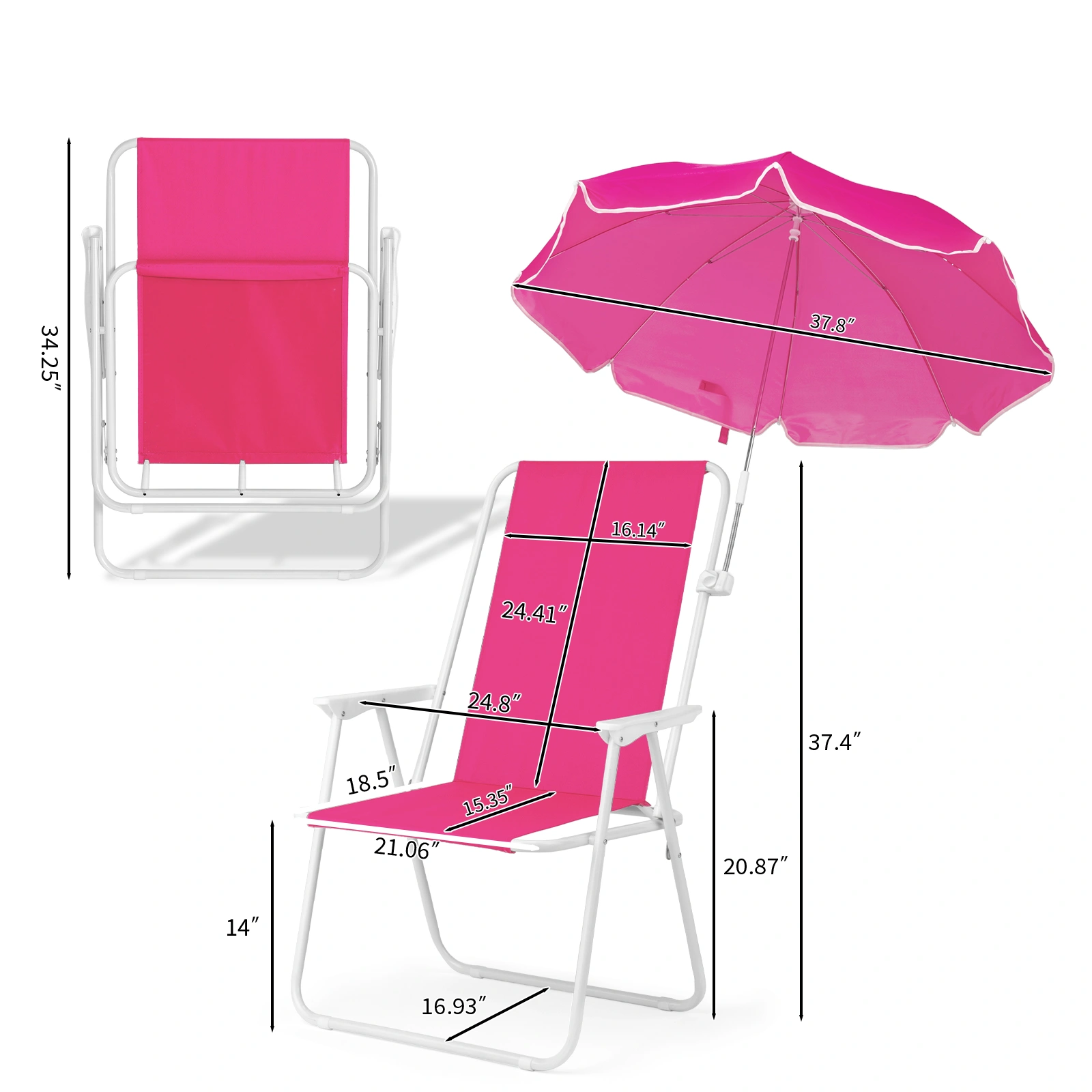 1 Pack Folding Beach Chair with Umbrella, XL Size, 15" Seat Height, Barbie Pink, Steel Spring Chair with Cross Bar, Oxford Cloth, 120kg Capacity view 7