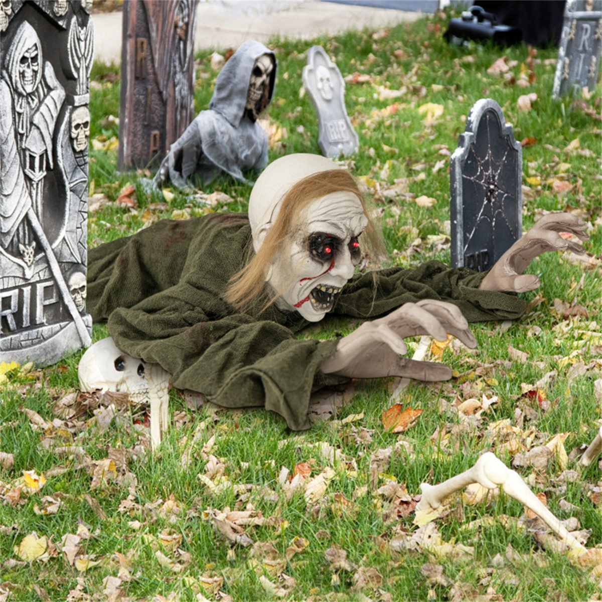 Halloween Zombie Decorations with Sparkling LED Eyes & Spooky Sound Effects - Animated Yard Scare for Haunted House Party Props view 6