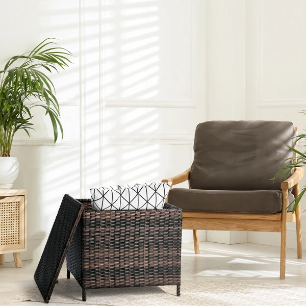 Outdoor PE Wicker Side Table with Storage, Patio Rattan End Table Square Container for Furniture Covers, Toys and Gardening Tools, Brown (SAME AS 40154185) view 5
