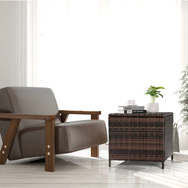 Outdoor PE Wicker Side Table with Storage, Patio Rattan End Table Square Container for Furniture Covers, Toys and Gardening Tools, Brown (SAME AS 40154185) view 6