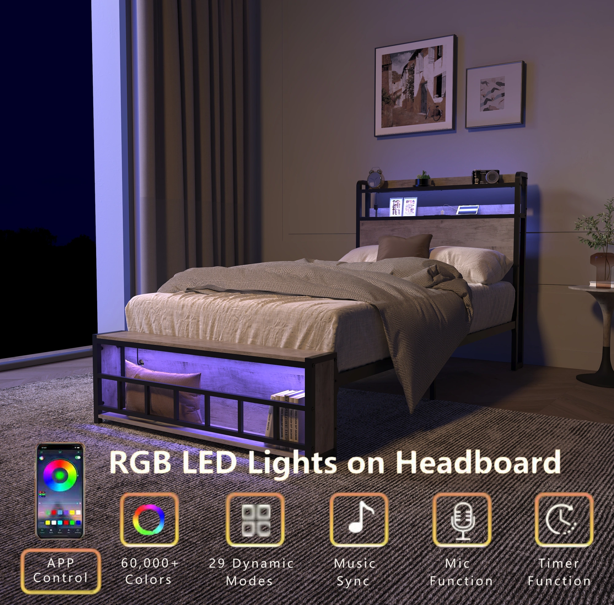 Twin Bed Frame with Headboard, Charging Station & LED Light, Solid Metal Bed Base, Noise-Free, No Box Spring Needed, Easy Assembly for Bedroom view 3