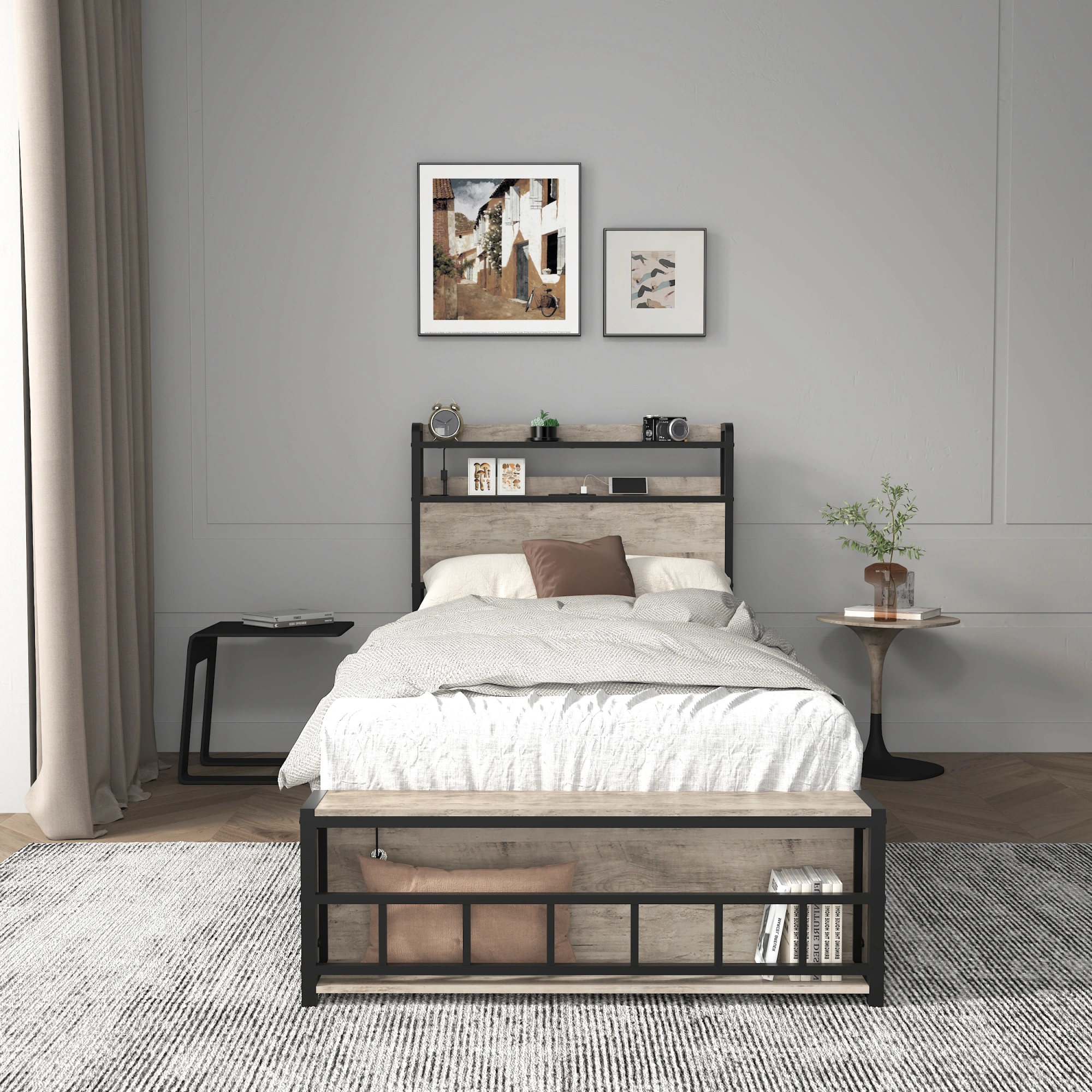 Twin Bed Frame with Headboard, Charging Station & LED Light, Solid Metal Bed Base, Noise-Free, No Box Spring Needed, Easy Assembly for Bedroom view 4