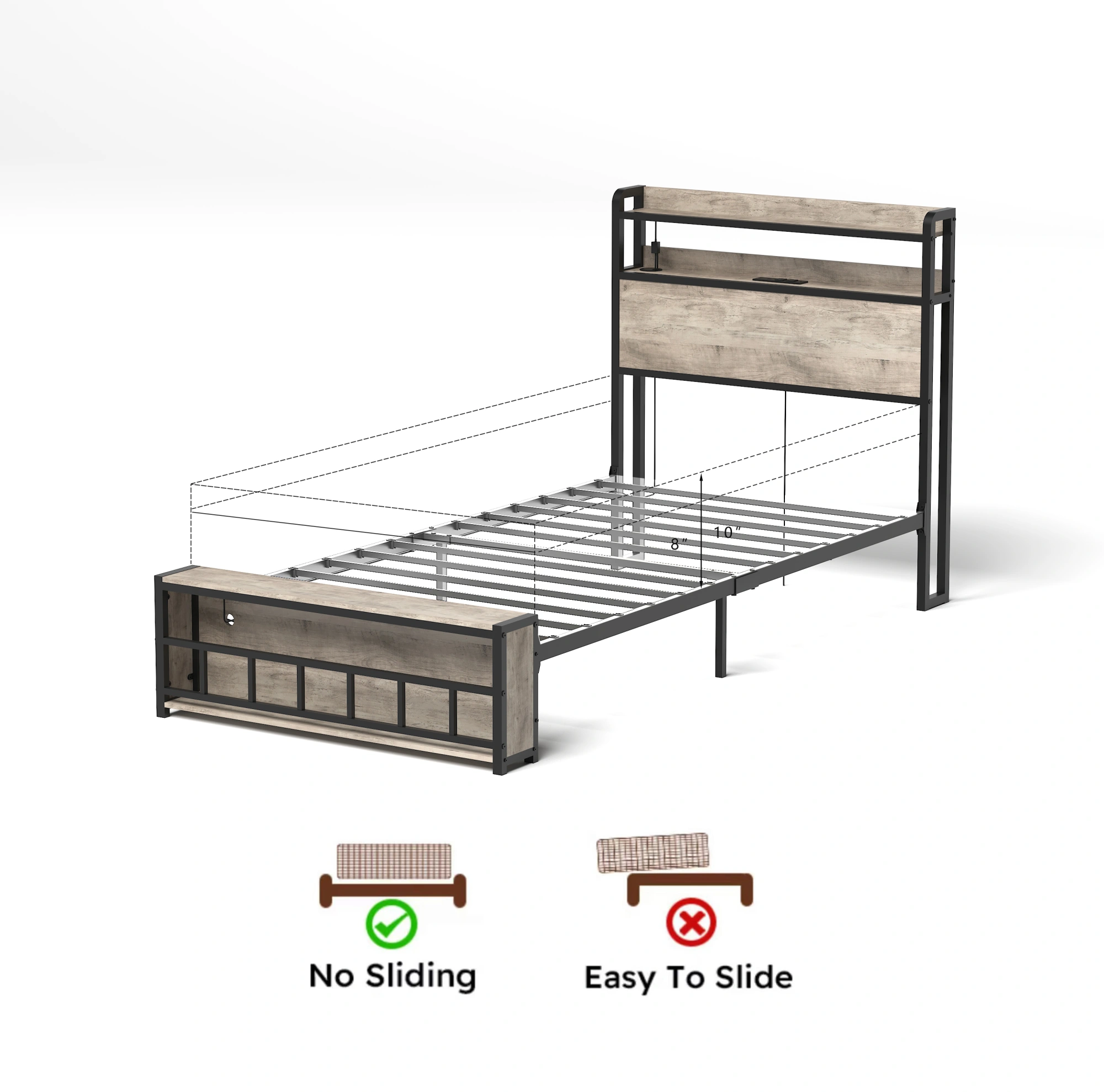 Twin Bed Frame with Headboard, Charging Station & LED Light, Solid Metal Bed Base, Noise-Free, No Box Spring Needed, Easy Assembly for Bedroom view 6