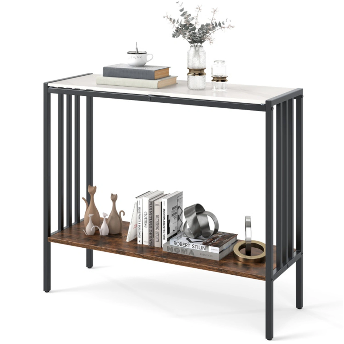 Modern Industrial Console Table - 2-Tier Design, Sintered Stone Tabletop with Anti-Slip Bumpers, Adjustable Foot Pads for Stability