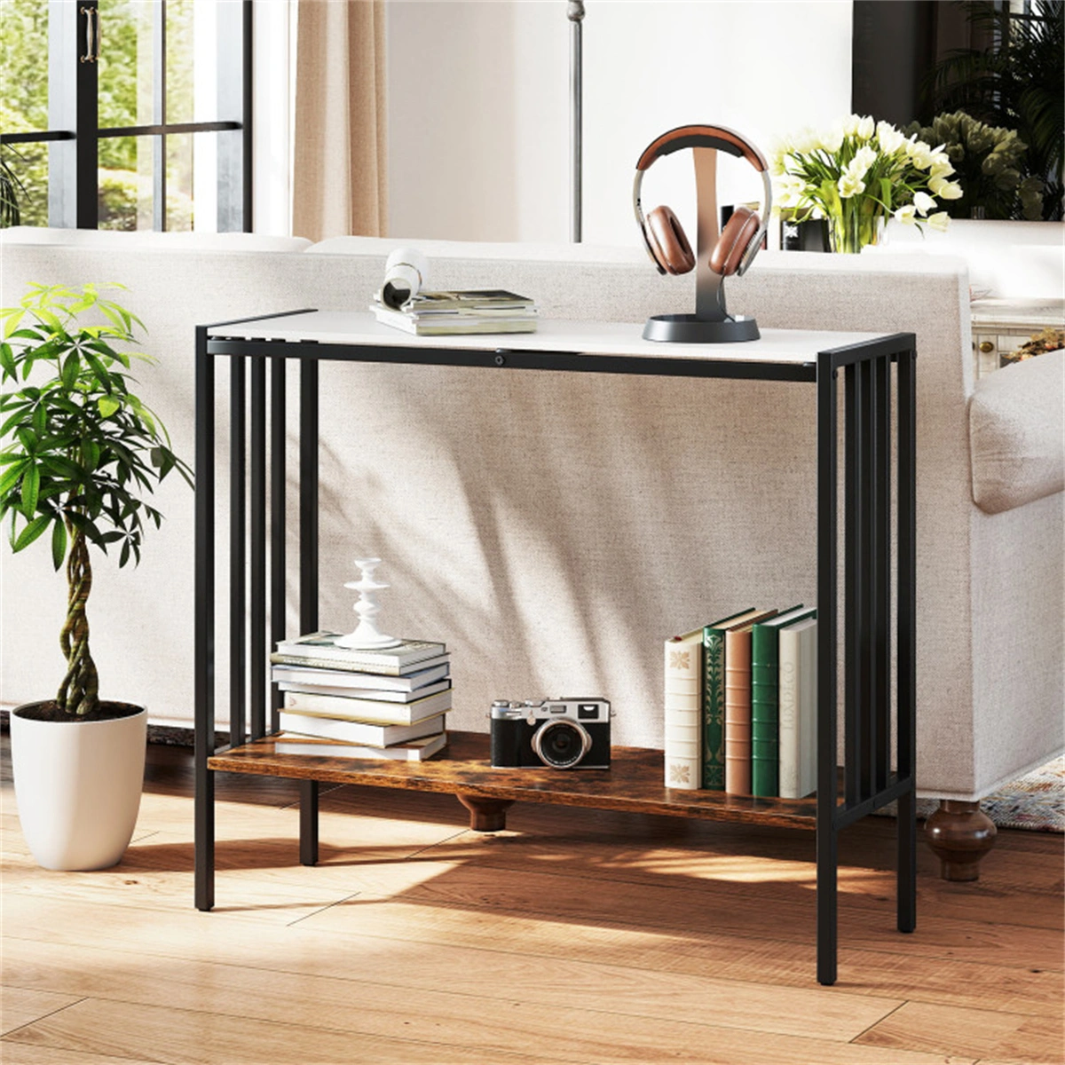 Modern Industrial Console Table - 2-Tier Design, Sintered Stone Tabletop with Anti-Slip Bumpers, Adjustable Foot Pads for Stability view 10