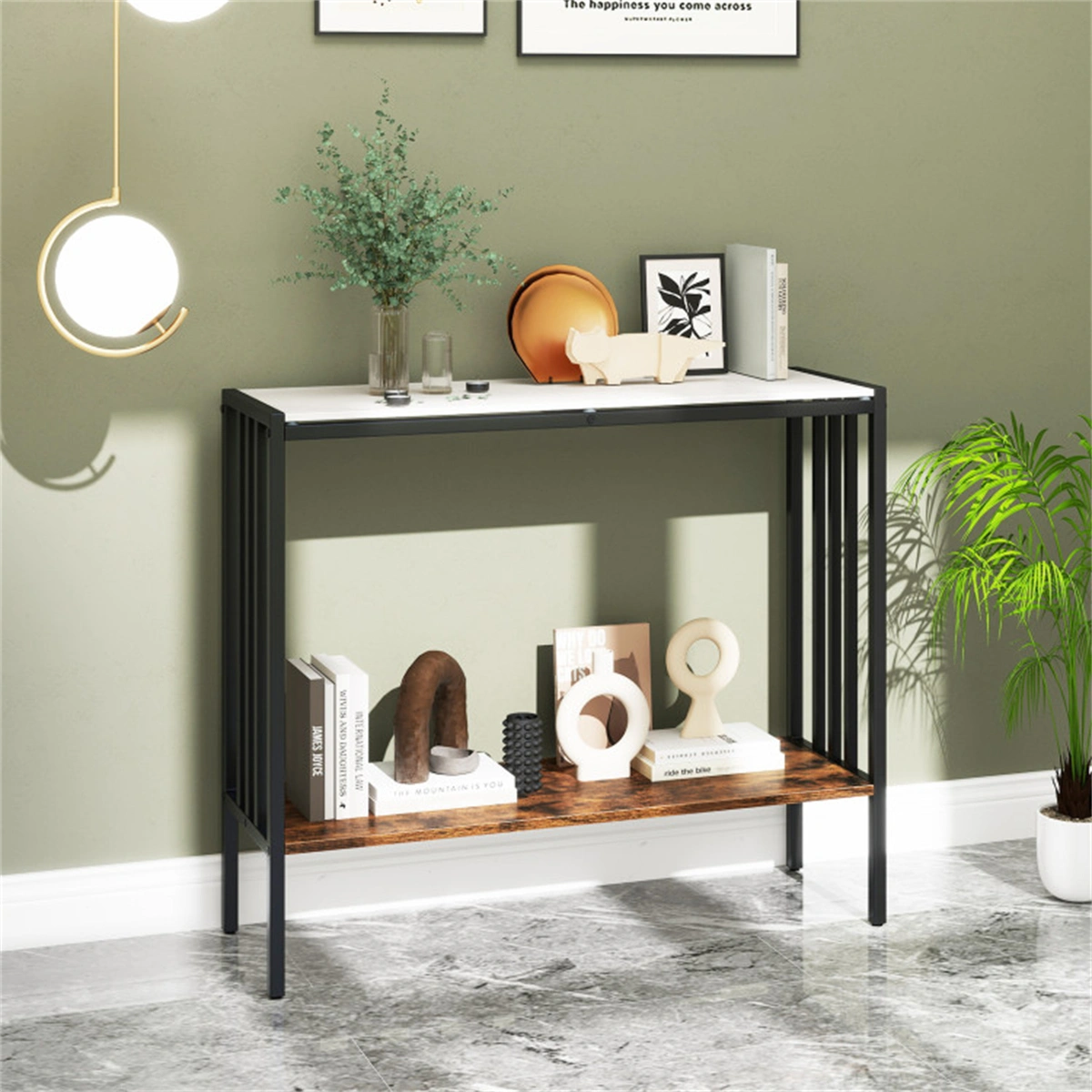 Modern Industrial Console Table - 2-Tier Design, Sintered Stone Tabletop with Anti-Slip Bumpers, Adjustable Foot Pads for Stability view 2