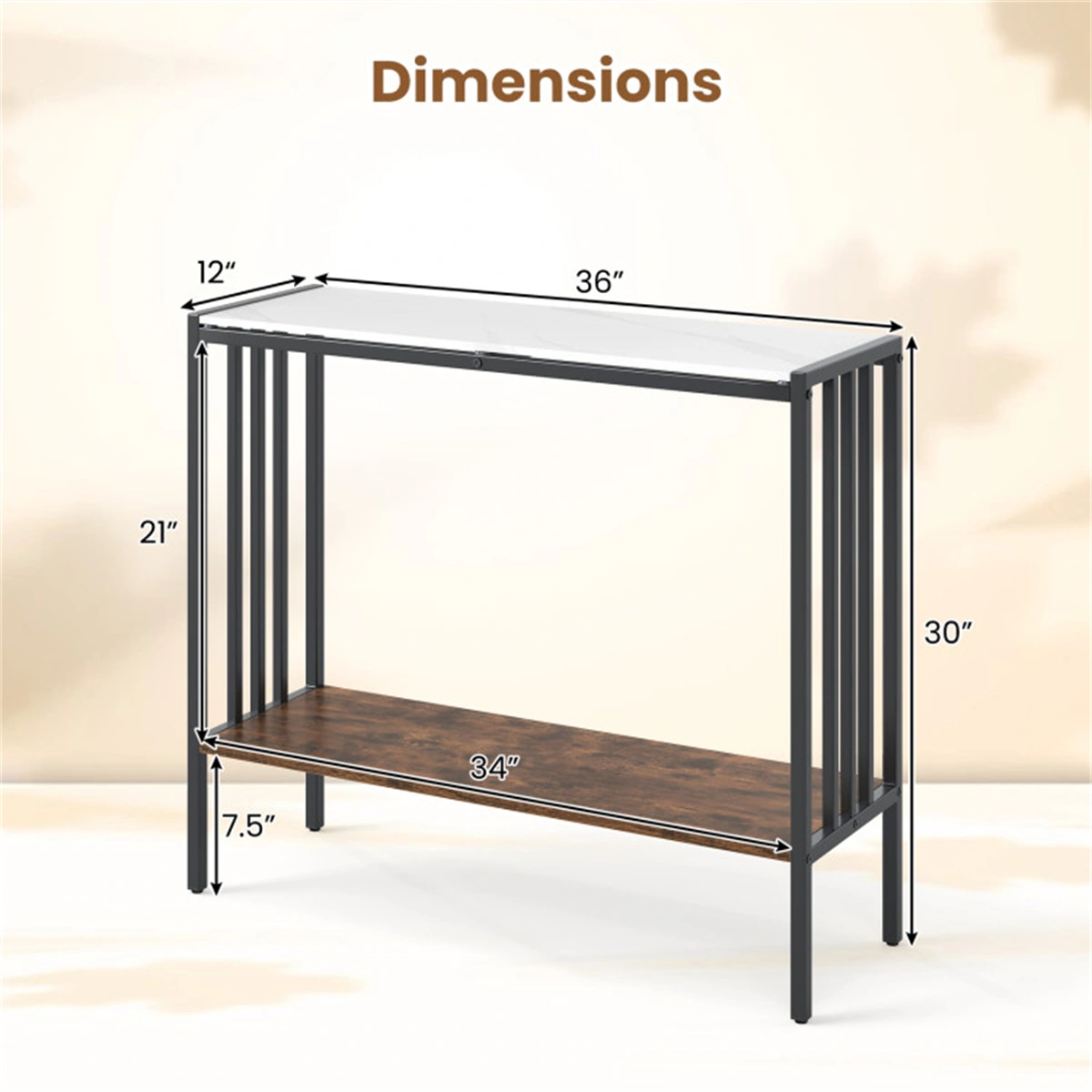 Modern Industrial Console Table - 2-Tier Design, Sintered Stone Tabletop with Anti-Slip Bumpers, Adjustable Foot Pads for Stability view 4