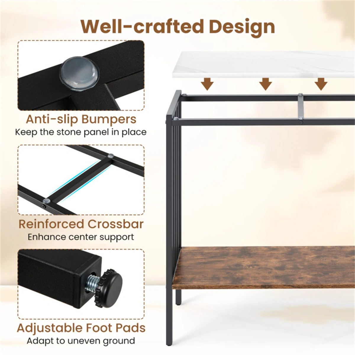 Modern Industrial Console Table - 2-Tier Design, Sintered Stone Tabletop with Anti-Slip Bumpers, Adjustable Foot Pads for Stability view 5
