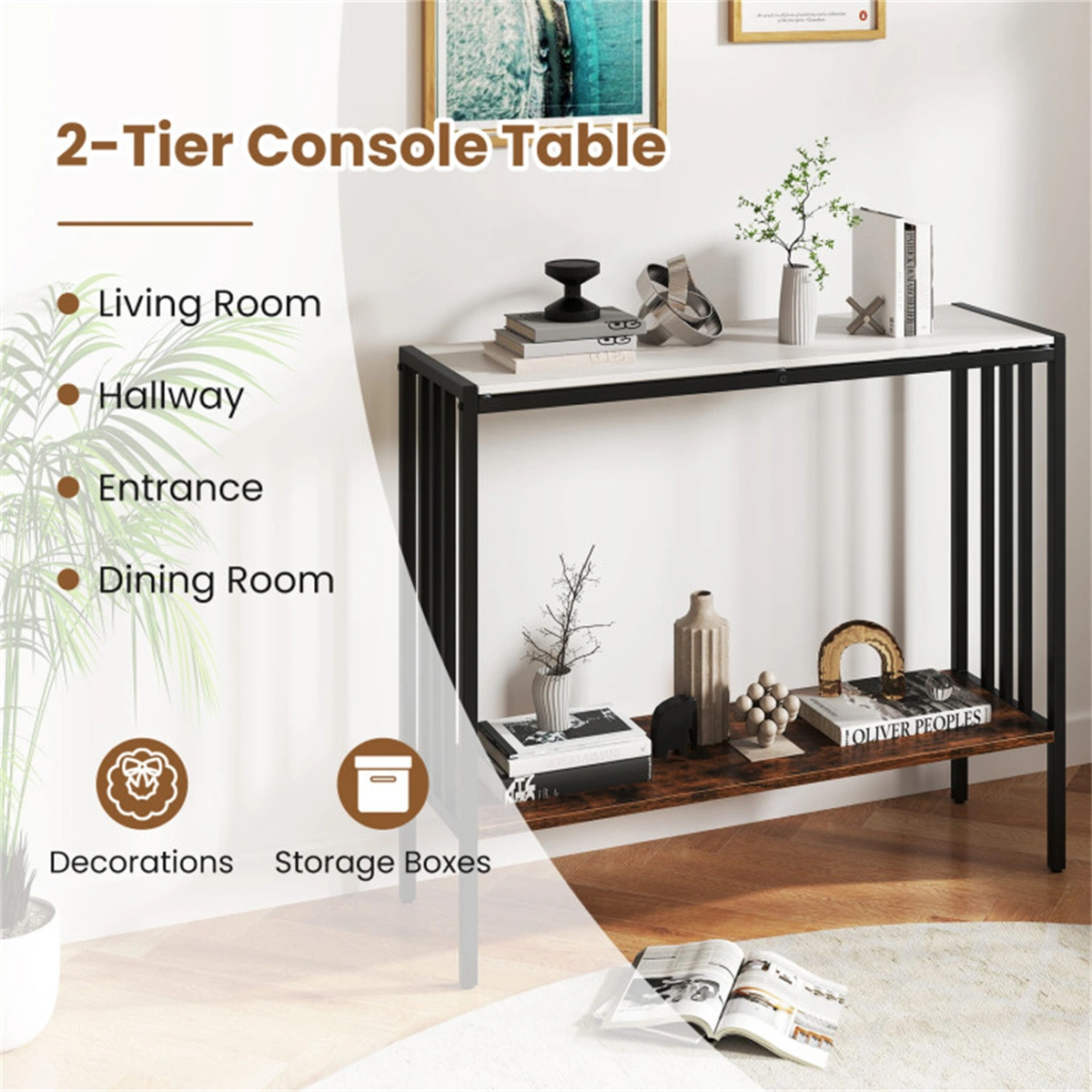Modern Industrial Console Table - 2-Tier Design, Sintered Stone Tabletop with Anti-Slip Bumpers, Adjustable Foot Pads for Stability view 6
