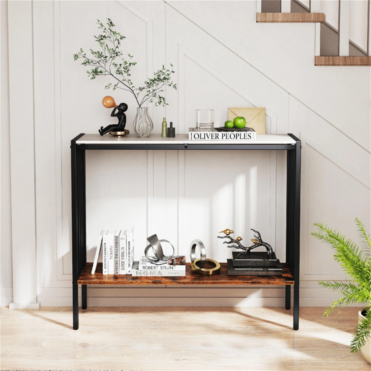 Modern Industrial Console Table - 2-Tier Design, Sintered Stone Tabletop with Anti-Slip Bumpers, Adjustable Foot Pads for Stability view 7