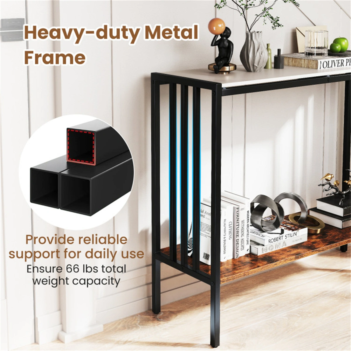 Modern Industrial Console Table - 2-Tier Design, Sintered Stone Tabletop with Anti-Slip Bumpers, Adjustable Foot Pads for Stability view 8
