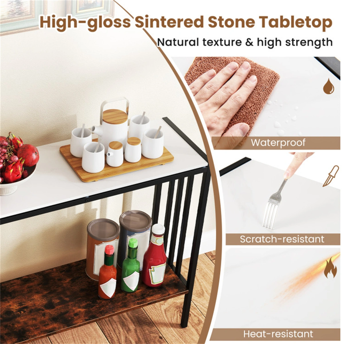 Modern Industrial Console Table - 2-Tier Design, Sintered Stone Tabletop with Anti-Slip Bumpers, Adjustable Foot Pads for Stability view 9