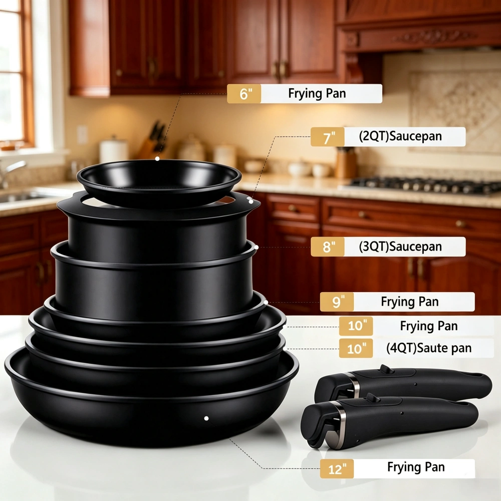23-Piece Aluminum Cookware Set Black Non-Stick, Removable Handles, 7 Pots 2 Lids, Induction Gas Electric Compatible, Home & Camping