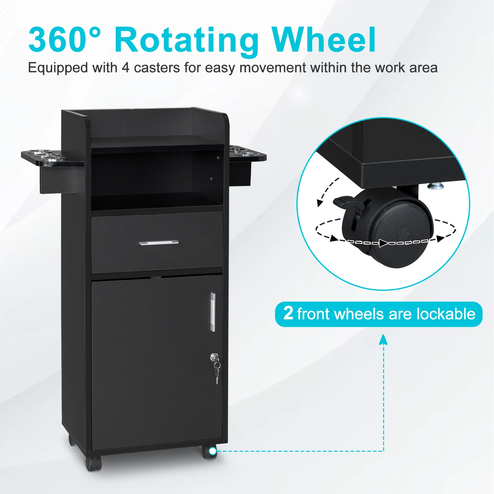 Beauty Salon Trolley Cart, Salon Cabinet with 360° Wheels, 6 Tool Holders, 1 Drawer, Salon Station Rolling Cart view 16
