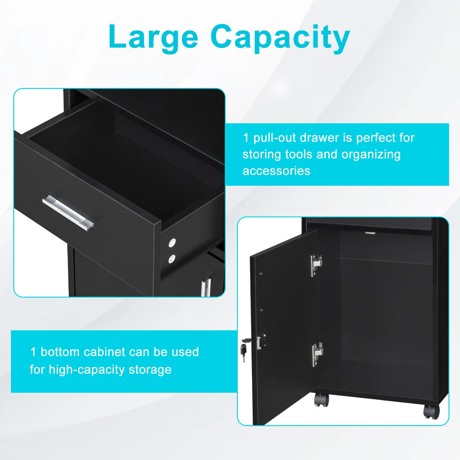 Beauty Salon Trolley Cart, Salon Cabinet with 360° Wheels, 6 Tool Holders, 1 Drawer, Salon Station Rolling Cart view 18