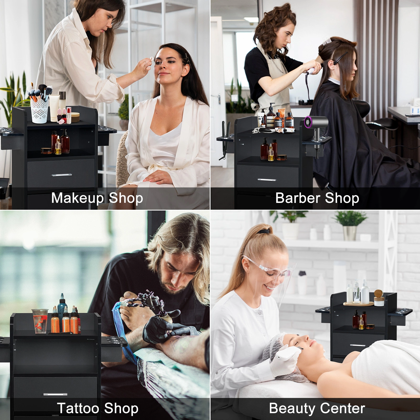 Beauty Salon Trolley Cart, Salon Cabinet with 360° Wheels, 6 Tool Holders, 1 Drawer, Salon Station Rolling Cart view 19
