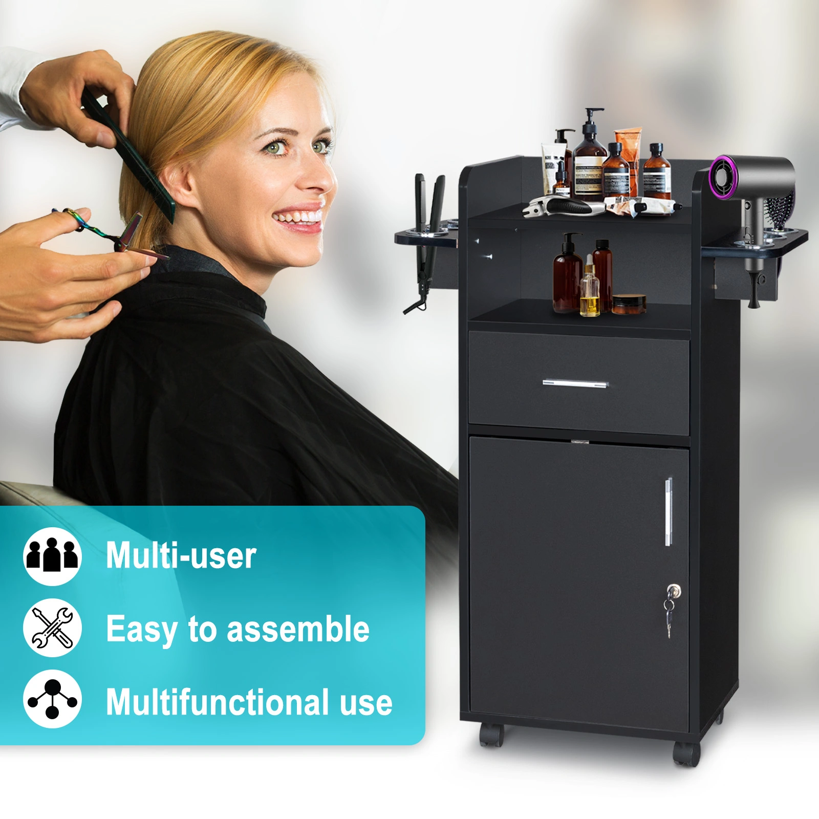 Beauty Salon Trolley Cart, Salon Cabinet with 360° Wheels, 6 Tool Holders, 1 Drawer, Salon Station Rolling Cart view 21