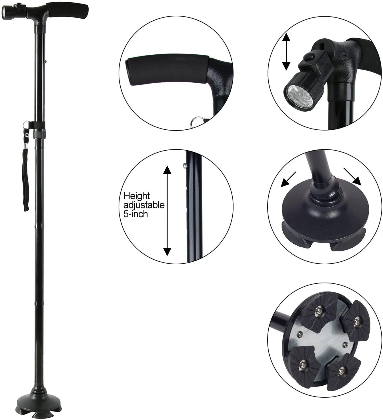 5-Level Adjustable Height Walking Stick Portable Foldable Cane with LED Light for Travel Camping Hiking view 3