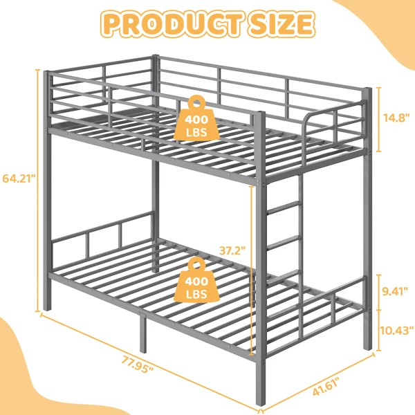 Grey Twin Bunk Bed Square Tube High Guardrail Side Ladder Opening Iron Bed view 5