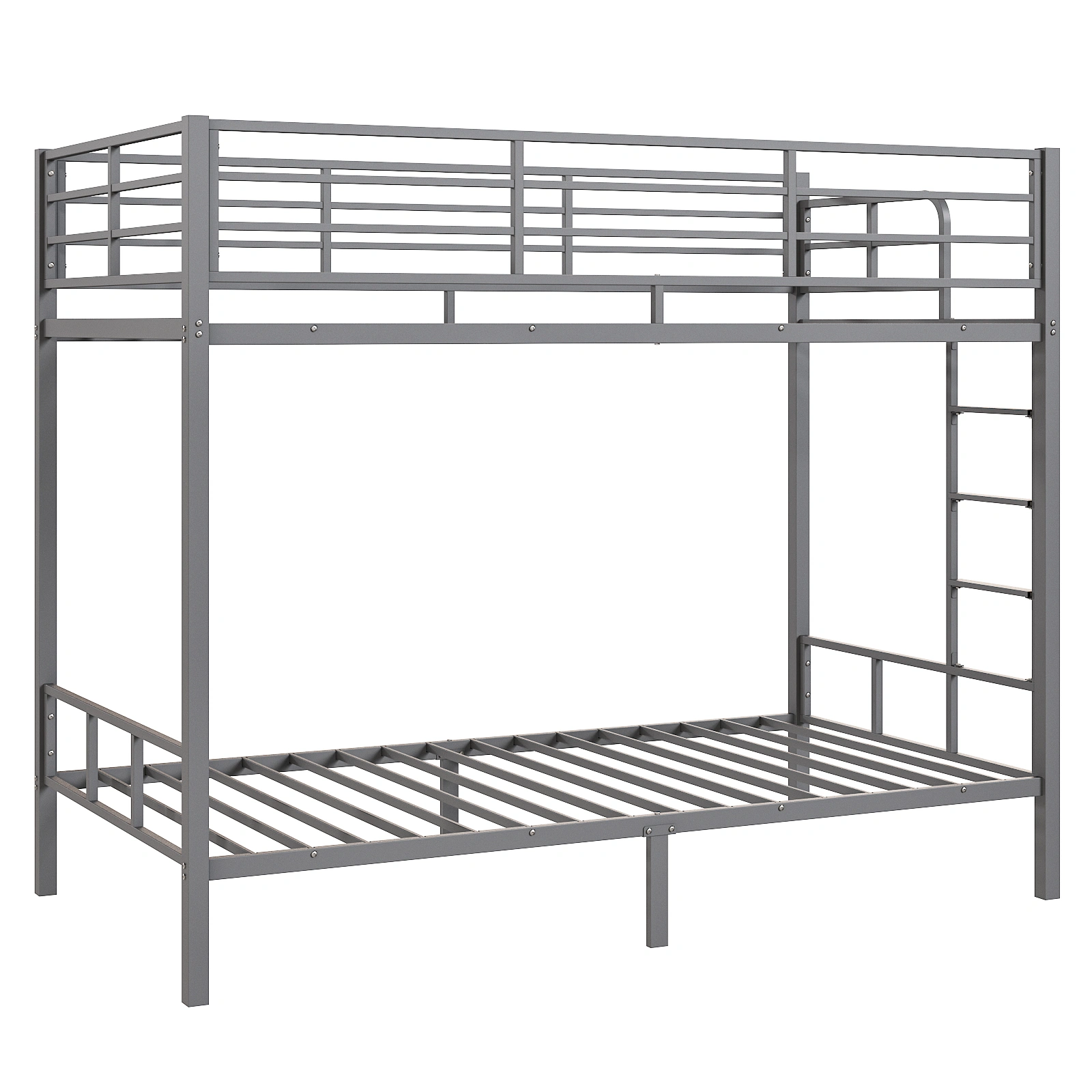 Grey Twin Bunk Bed Square Tube High Guardrail Side Ladder Opening Iron Bed