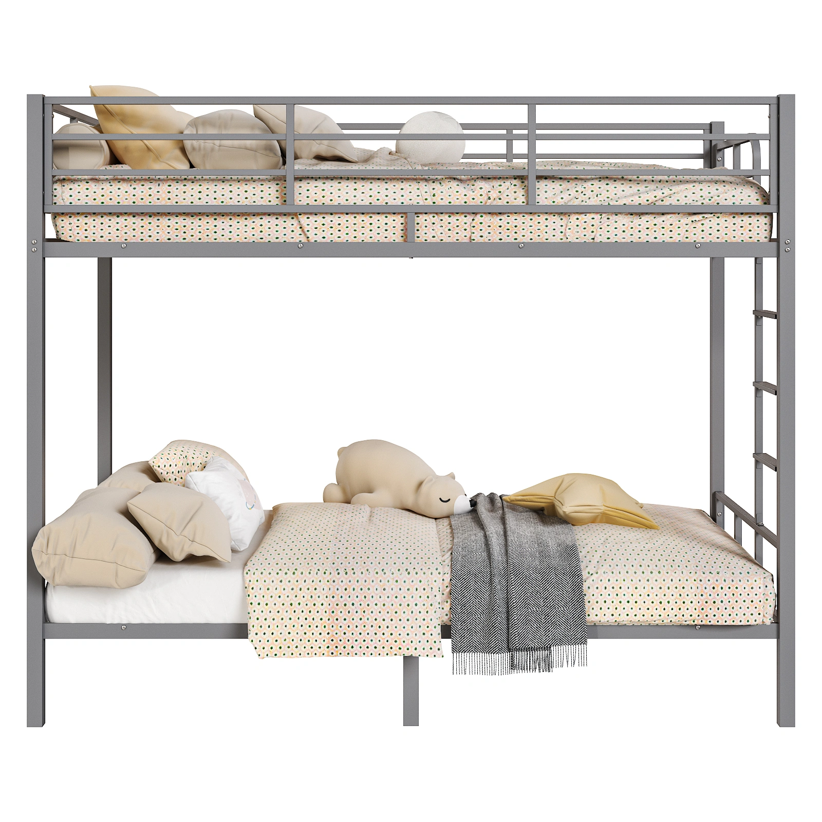 Grey Twin Bunk Bed Square Tube High Guardrail Side Ladder Opening Iron Bed view 11