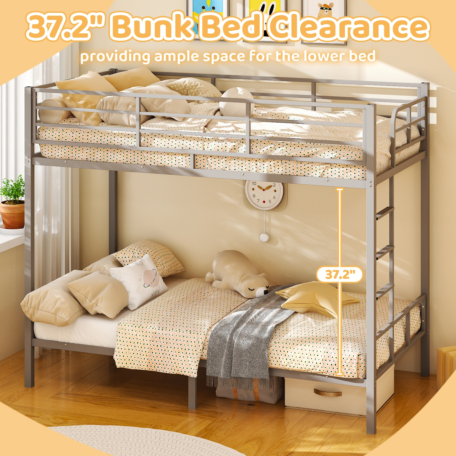 Grey Twin Bunk Bed Square Tube High Guardrail Side Ladder Opening Iron Bed view 14