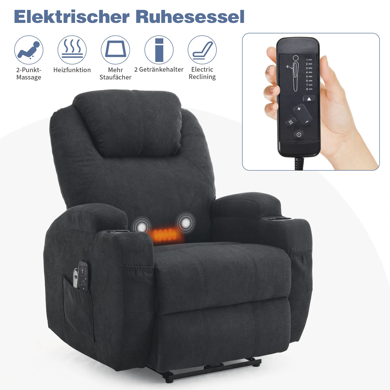 1pc Black Fabric Electric Flat Functional Chair with 2-Point Massage Belt & Heating, 120kg Weight Capacity, Indoor Power Recliner