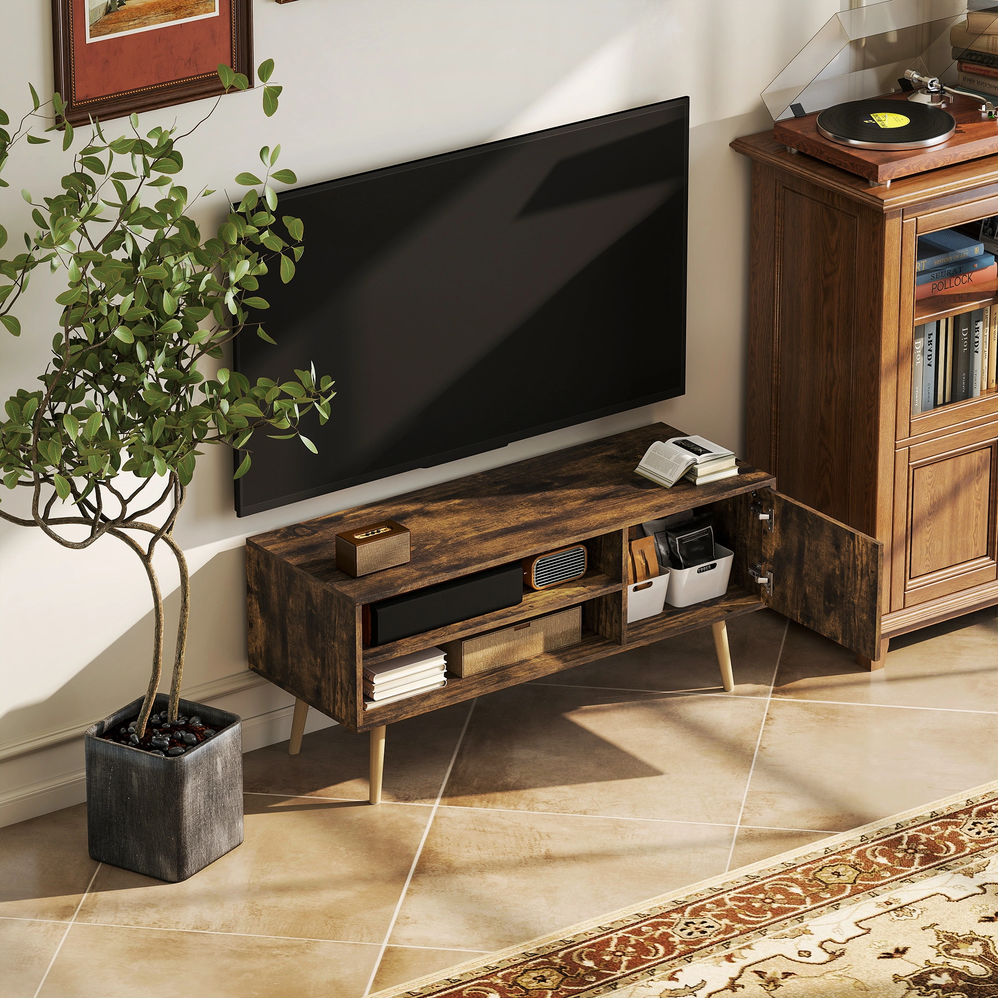 Modern TV Stand Cabinet, 55-65 inch Entertainment Center, Storage Shelves, Matte Black Finish, Easy Assembly, Living Room TV Console view 4