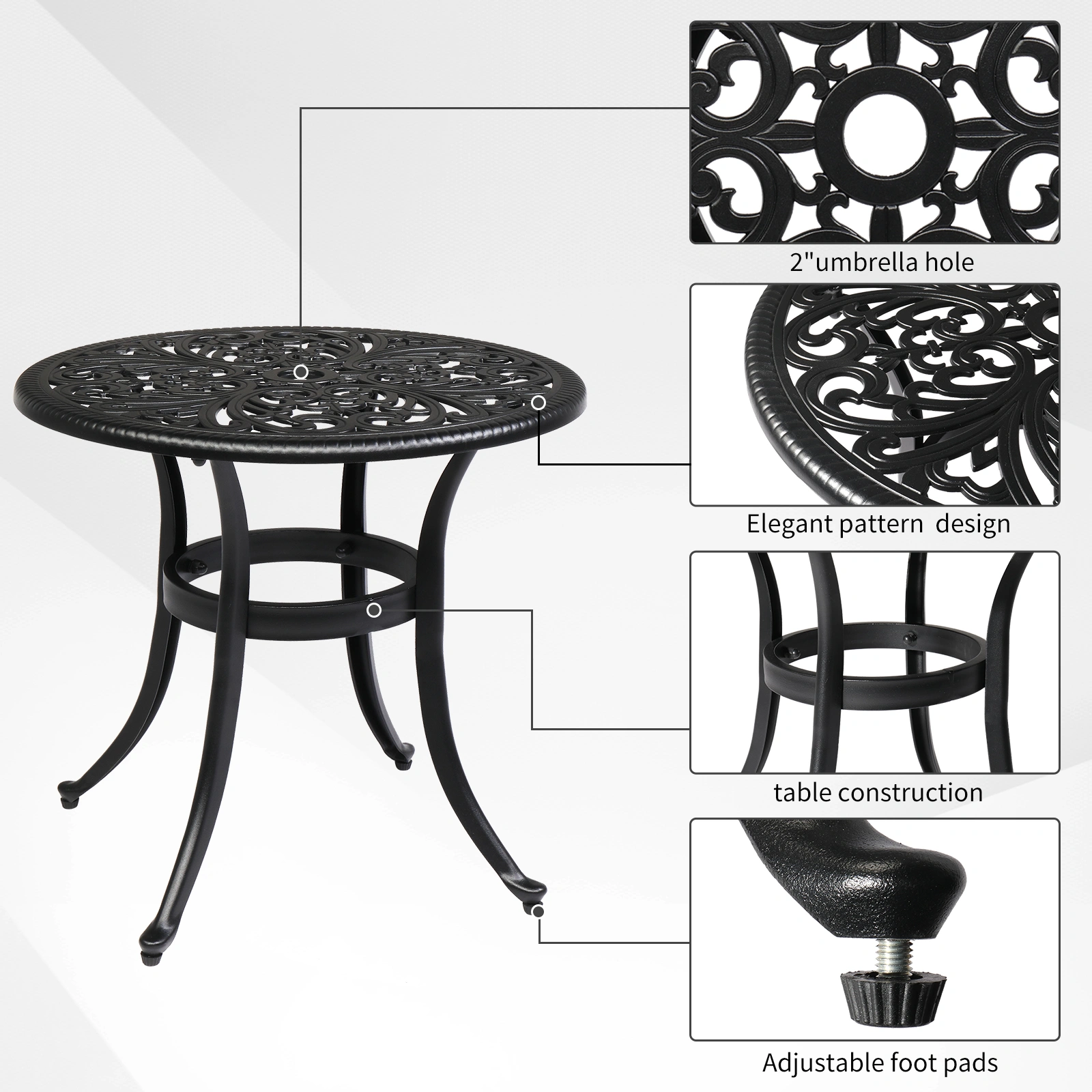 Phoenix Cast Aluminum Round Table, Patio End Table Side Table, Cast Aluminum Cocktail Table, Outdoor Bar Table, Black view 9