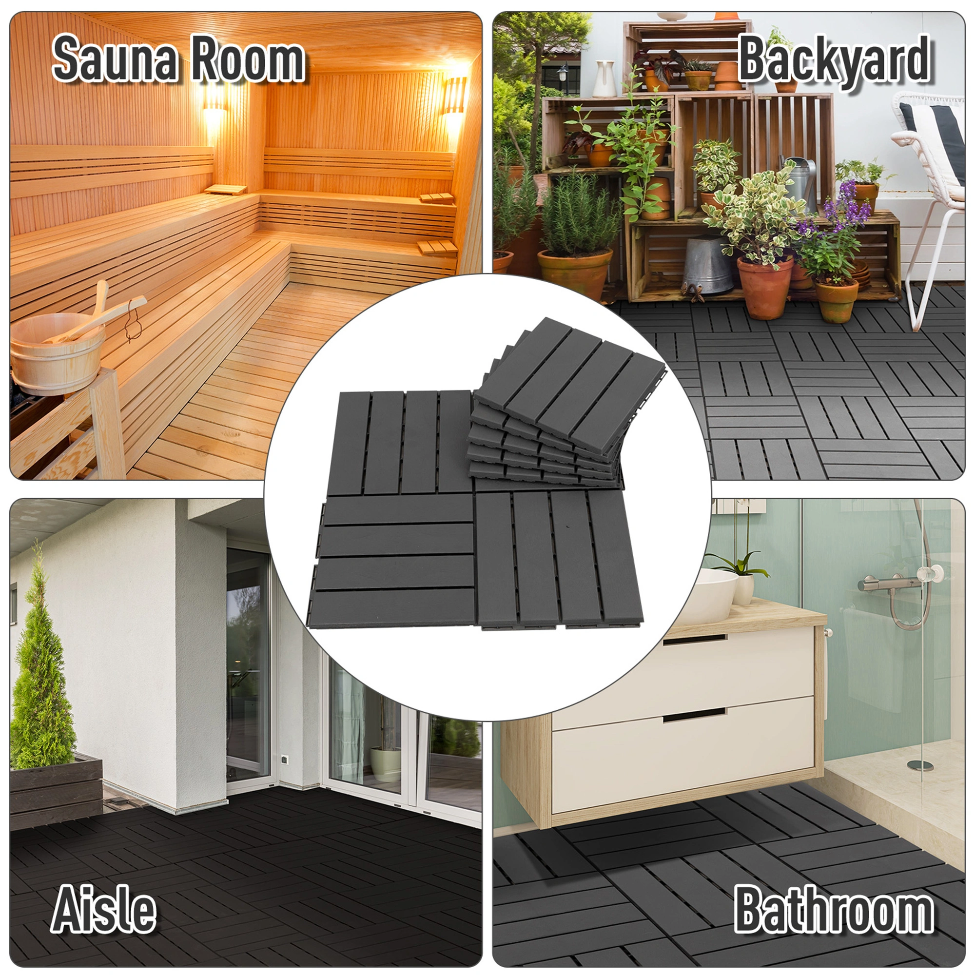 12" x 12" Interlocking Deck Tiles 9 PCS, Outdoor Patio Flooring Tiles, Teak Wood Look, AS Model