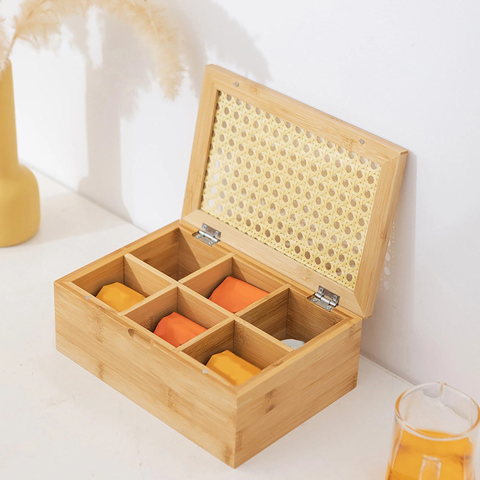 Wood Tea Bag Organizer with Lid, 6 Compartment Tea Storage Container for Coffee Sugar - Countertop Display Box Holder view 2