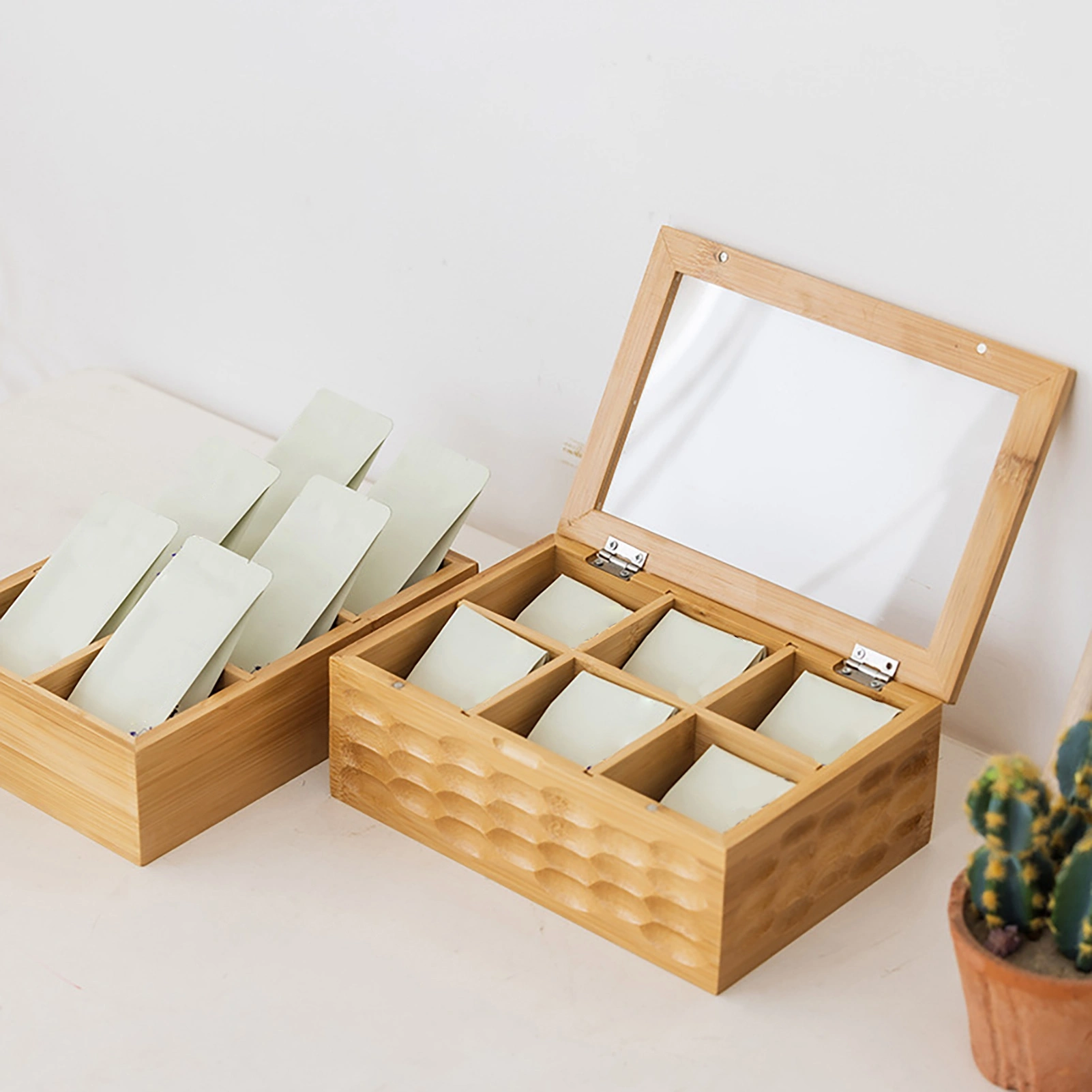 Wood Tea Bag Organizer with Lid, 6 Compartment Tea Storage Container for Coffee Sugar - Countertop Display Box Holder view 3